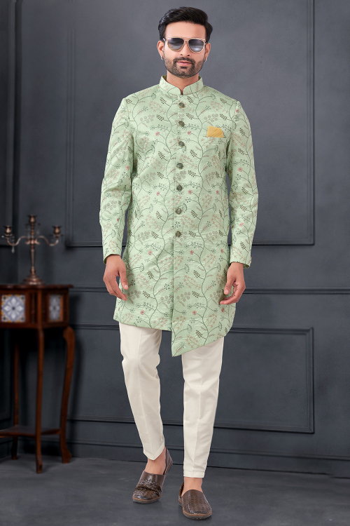 Silk Men's Light Green Resham Embroidered Assymetrical Sherwani 