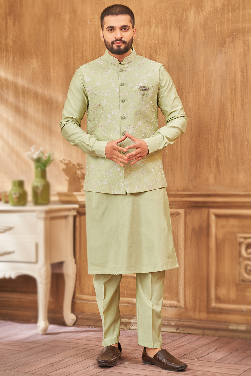 Silk Men's Light Pear Green Kurta Pajama With Embroidered Jacket