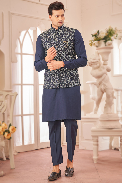 Silk Men's Plain Pastel Dark Blue Kurta Pajama With Embroidered Jacket 
