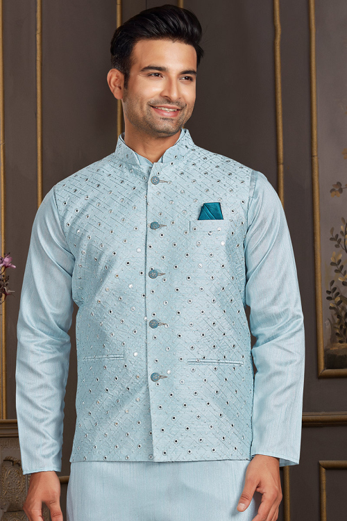 Silk Mint Blue Embroidered Jacket Style Men's Waist Coat 