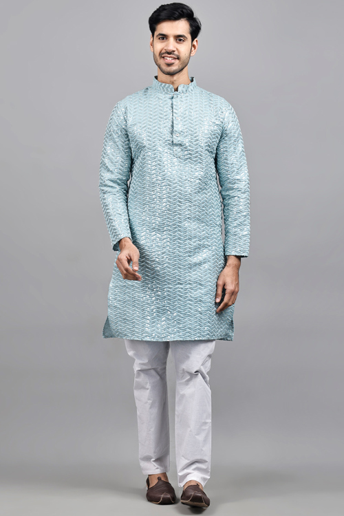 Silk Mint Blue Embroidered Straight Cut Men's Kurta Pajama