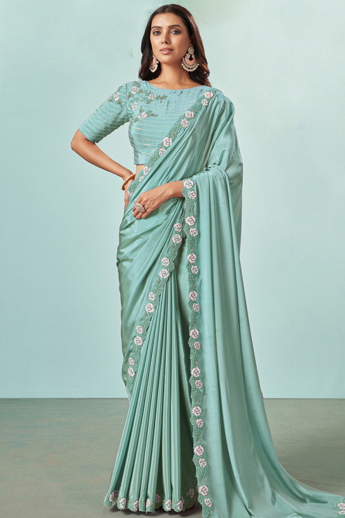 Silk Mint Blue Lace Embroidered Light Weight Saree