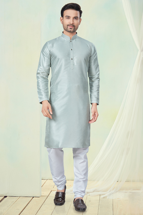 Silk Mint Blue Men's Kurta Churidar With Embroidered Placket
