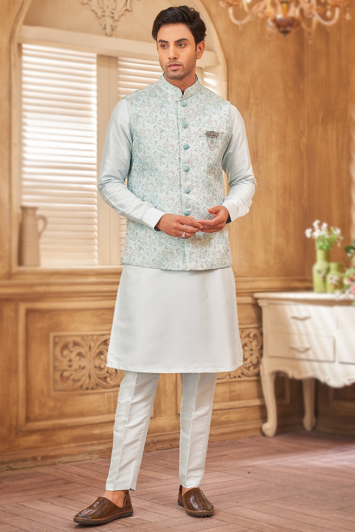 Silk Mint Blue Men's Plain Kurta Pajama With Weaved Jacket 