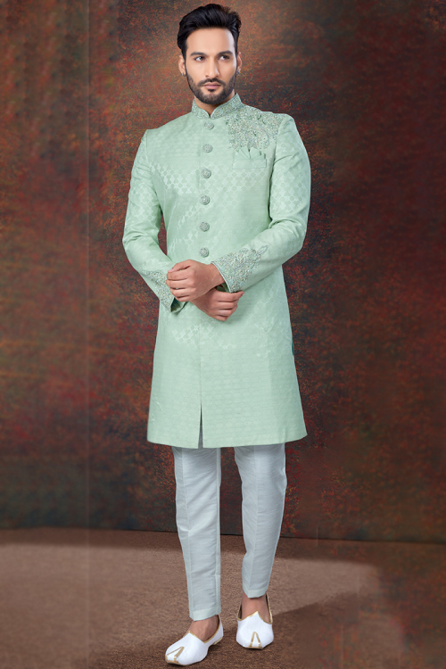 Silk Mint Green Men's Straight Cut Weaved Thread Sherwani