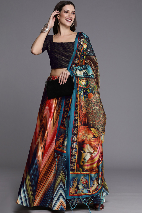 Silk Multi Color Digital print A-Line Style Lehenga