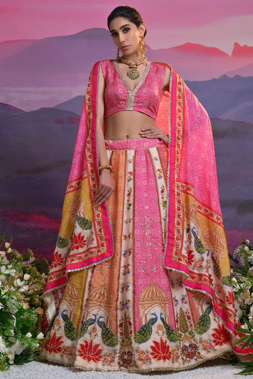 Silk Blend Multi Color Panelled Style Lehenga With Printed Work