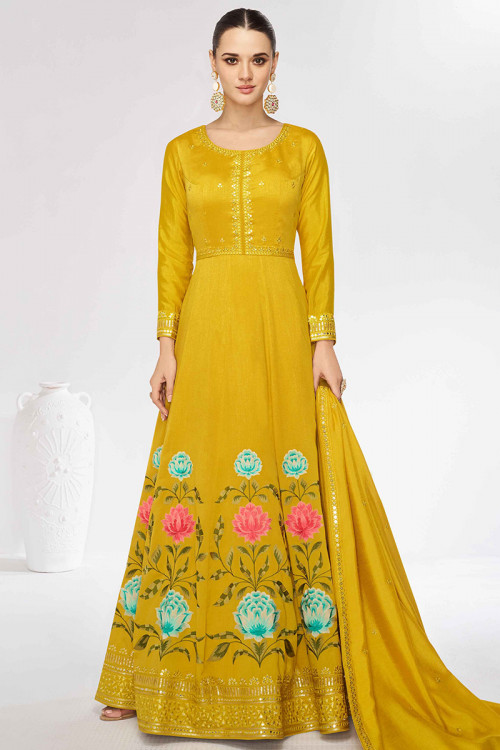 Silk Mustard Yellow Sequins Embroidered A Line Anarkali Suit