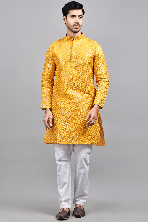 Silk Mustard Yellow Sequins Embroidered Men's Kurta Pajama