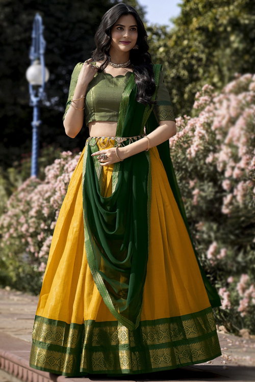 Silk Mustard Yellow Woven Zari A-line style Lehenga