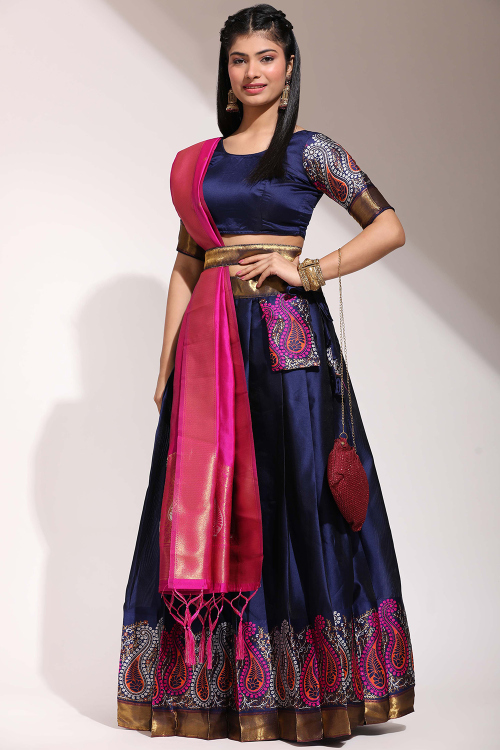 Silk Navy Blue A Line Weaved Lehenga 
