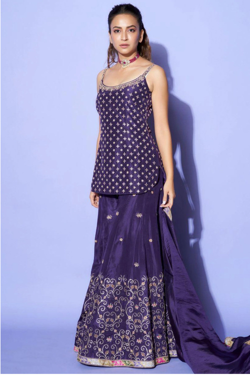 Silk Navy Blue Embroidered Straight Cut Sharara Suit 