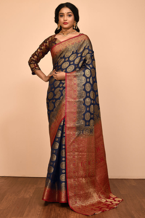 Party Wear Stone Embroidered Saree in Silk Navy Blue
