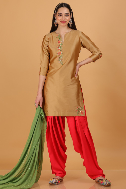 Silk Oat Beige Beads Embroidered Patiala Suit