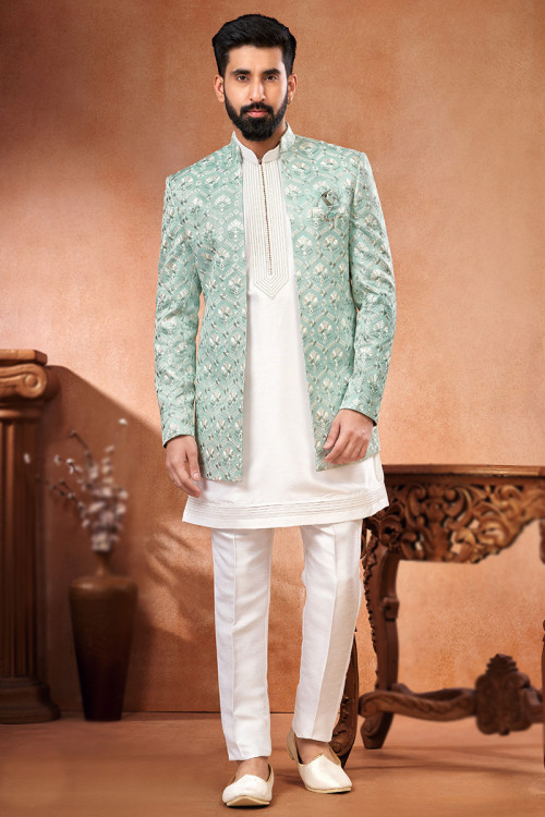 Silk Off-White Embroidered Jacket Style Men's Kurta Pajama 