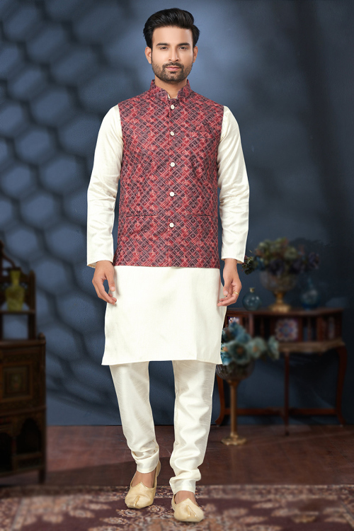 Off White Plain Jacket Kurta Pajama in Silk Finish