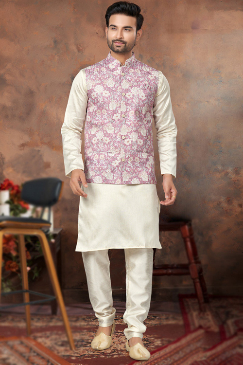 Silk Ivory Plain Men's Kurta Churidar With Waistcoat 