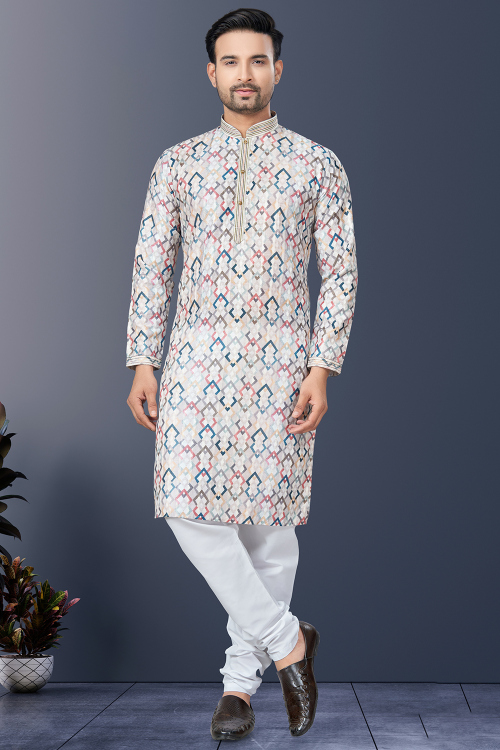 Silk Off White Straight Cut Printed Men's Kurta Churidar