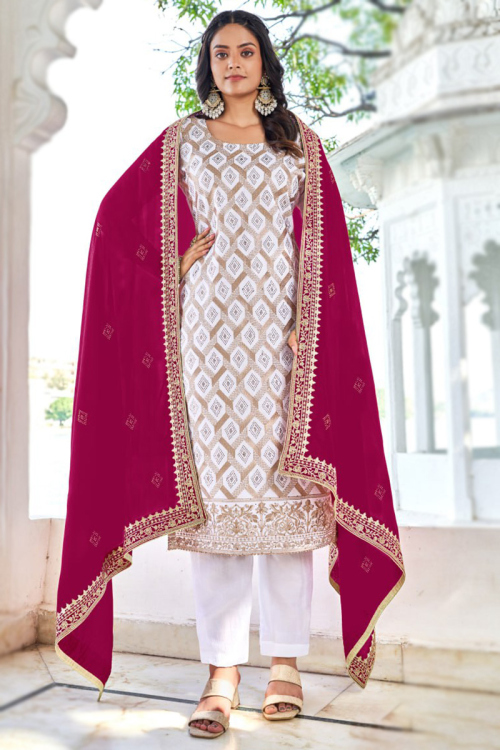 Silk Off White Zari Embroidered Straight Cut Trouser Suit 