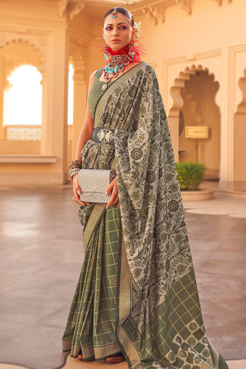 Silk Olive Brown Printed Light Weight Saree