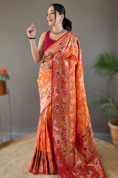 Silk Orange Weaved Thread Broad Border Saree