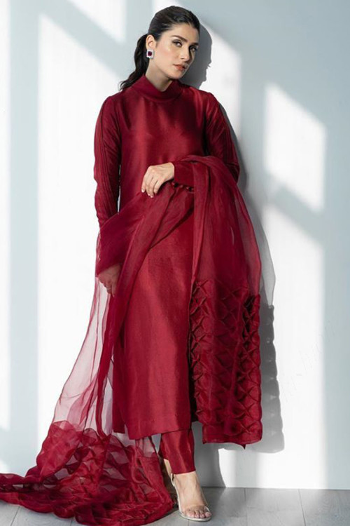 Silk Pakistani Pant Style Suit for Eid In Maroon Colour