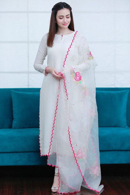 Silk Pakistani Pant Style Suit In White Colour