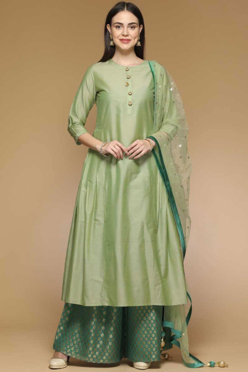 Silk Palazzo Pant Suit for Eid In Green Color 
