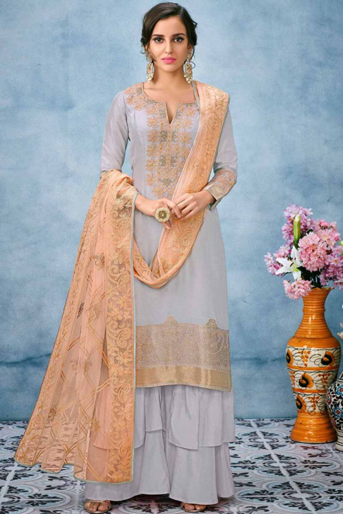 Silk Palazzo Suit In Silver Grey Color With Lucknowi Work