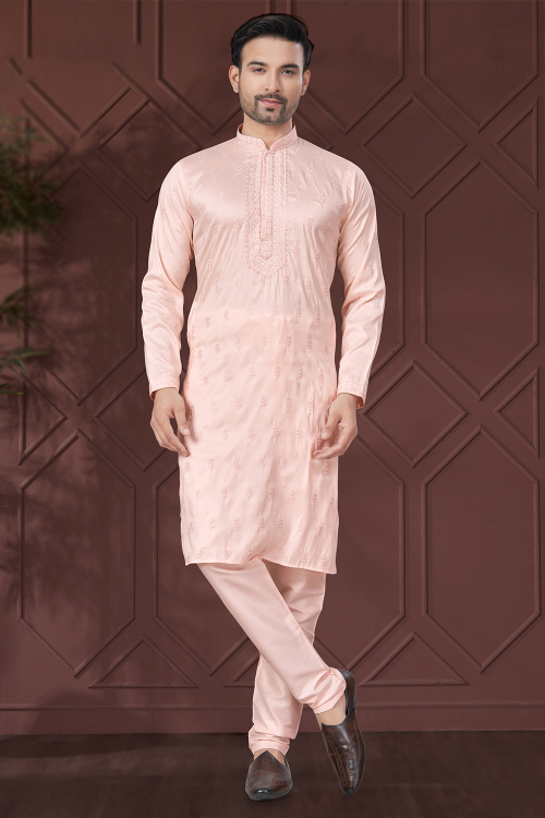 Silk Pale Pink Embroidered Straight Cut Men's Kurta With Churidar