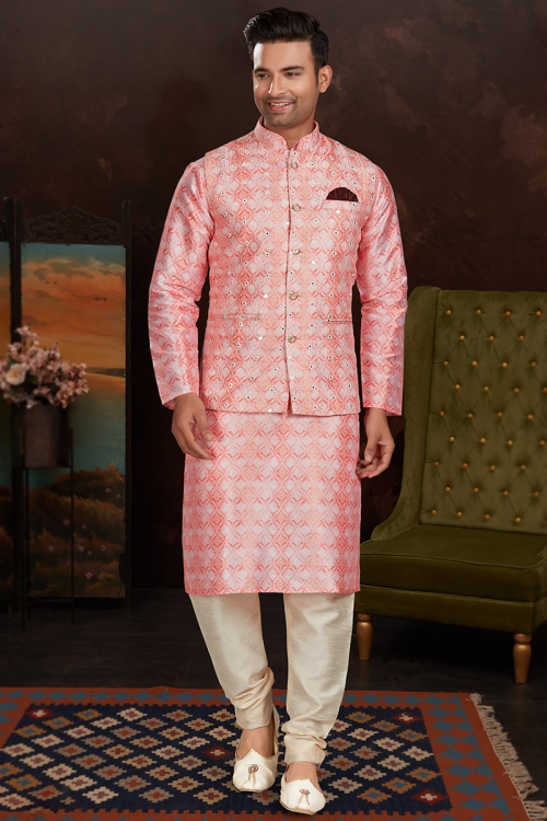 Silk Pale Pink Printed Jacket Style Men's Kurta Churidar