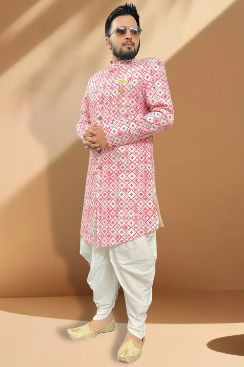 Silk Pale Pink Sequins Embroidered Side Slit Men's Sherwani 