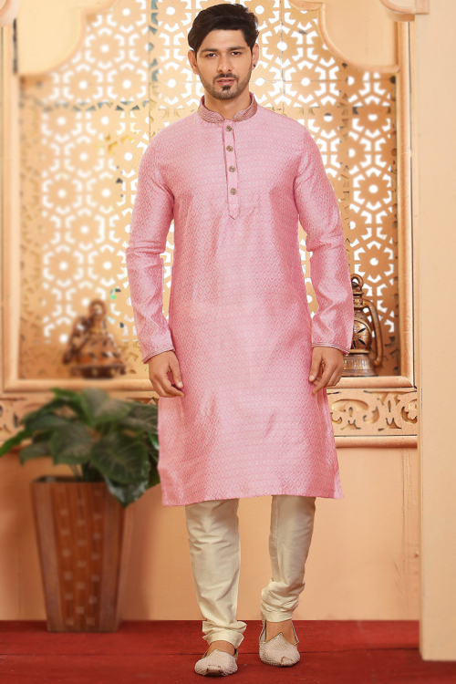 Silk Pale Pink Weaved Thread Men's Straight Cut Kurta Churidar