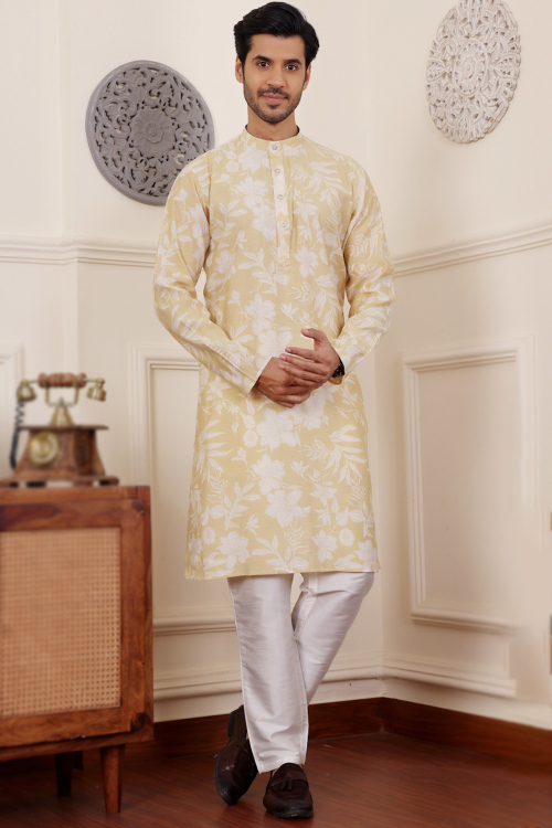 Silk Pale Yellow Printed Straight Cut Men's Kurta Pajama