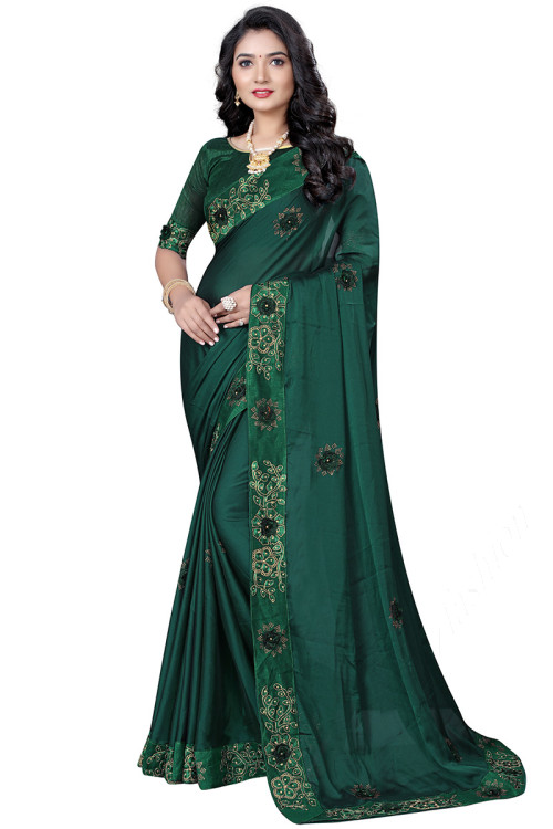 Dark Green With Pink Border Silk Traditional Saree – paanericlothing