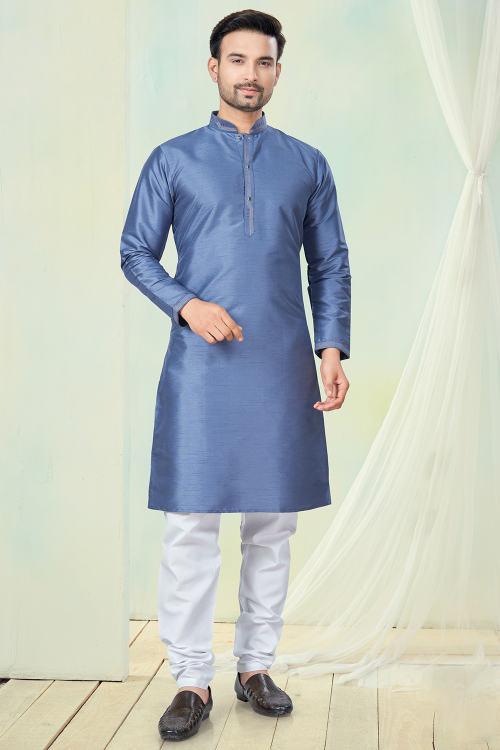 Silk Pastel Dark Blue Men's Kurta Churidar With Embroidered Placket