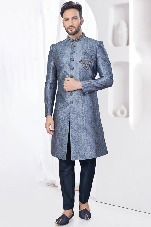 Silk Pastel Dark Blue Men's Straight Cut Weaved Thread Sherwani 
