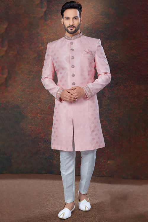 Silk Pastel Pink Men's Straight Cut Weaved Thread Sherwani 