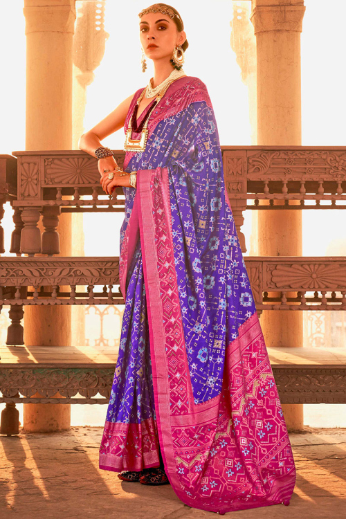 Silk Patola Printed Violet Purple Saree with Dark Pink Blouse