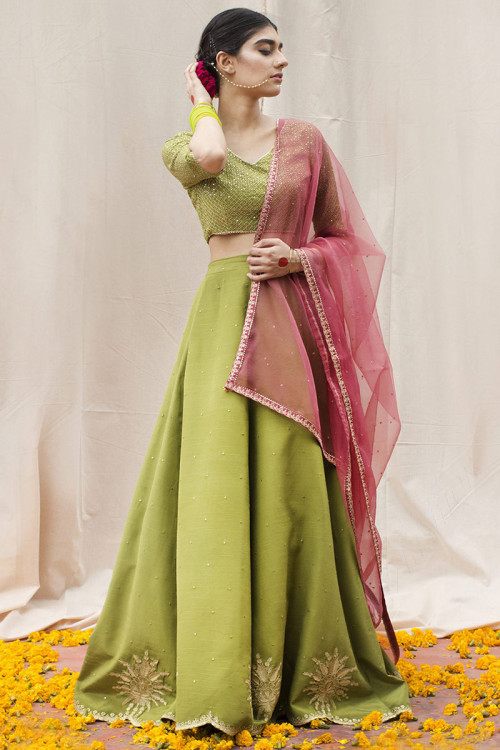 Silk Pear Green Wedding Lehenga With Sequins Work