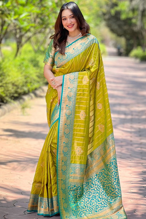 Zari Weaved Pear Green Silk Saree with Shine