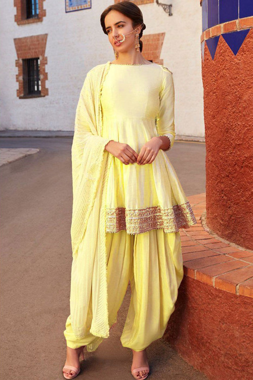 Silk Peplum Style Punjabi Suit In Pale Yellow Colour for Eid