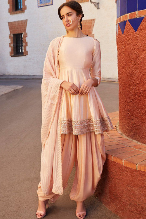 Silk Peplum Style Punjabi Suit In Peach Colour
