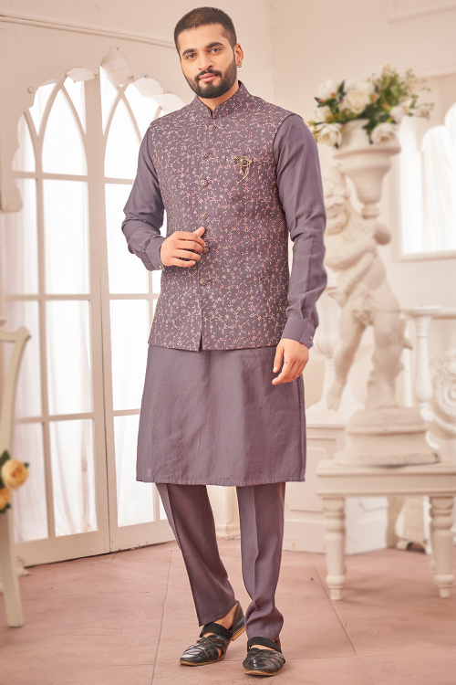 Silk Plain Men's Kurta Pajama With Mauve Taupe Embroidered Jacket
