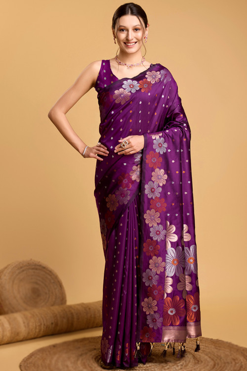 Silk Plum Purple Woven Zari Floral Style Saree
