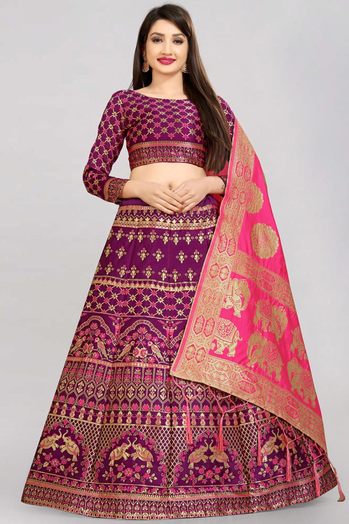 Silk Plum Purple Woven Zari Lehenga Choli 