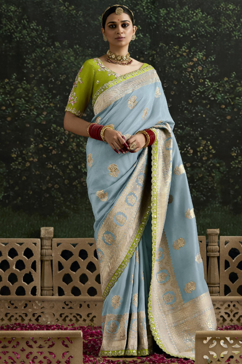 Silk Powder Blue Weaved Traditional Wear Saree