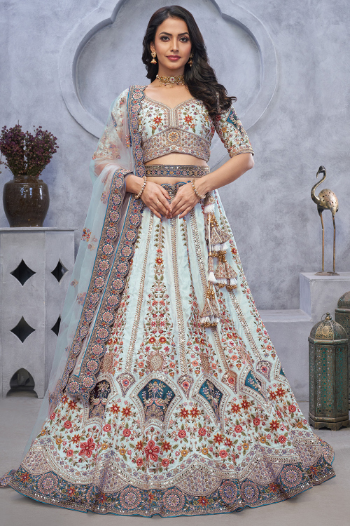 Silk Powder Blue Zari Embroidered Panelled Style Lehenga 
