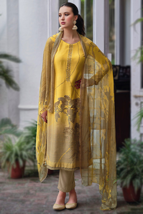 Silk Printed Casual wear Yellow Trouser Suit