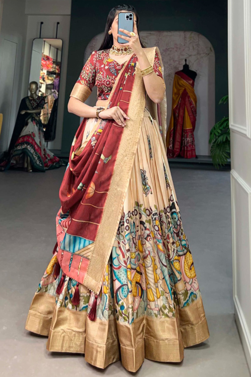 Silk Printed Cream Beige Flared Style Lehenga 